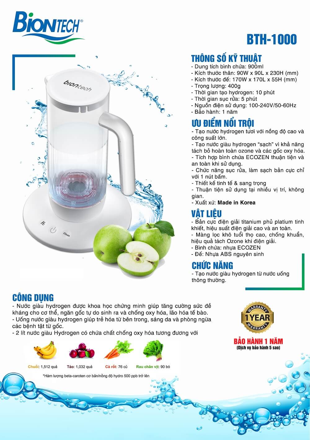 Máy Tạo Nước Hydrogen Để Bàn Biontech BTH-1000